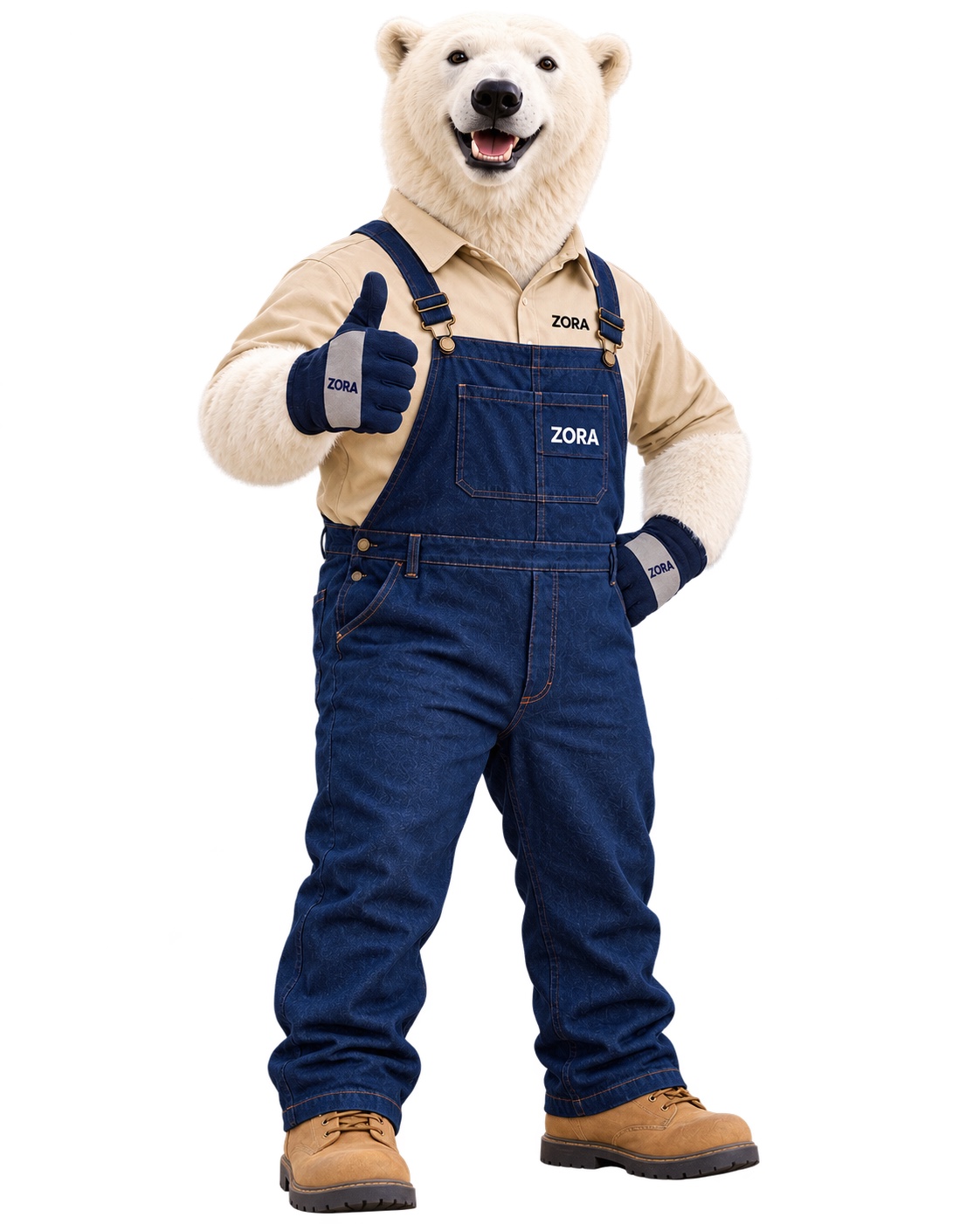 Zora's white bear mascot giving a thumbs up in a beige shirt and navy blue overalls